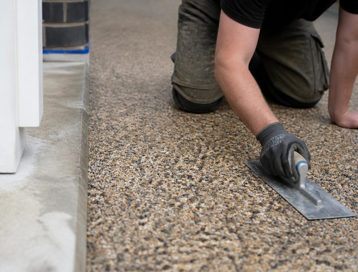 Tradesperson hand-finishing a decorative pebble driveway surface